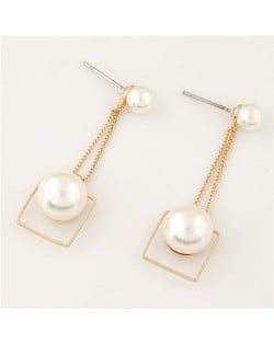 Pearl Inlaid Dangling Hollow Square Design Stud Earrings