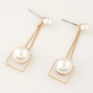 Pearl Inlaid Dangling Hollow Square Design Stud Earrings