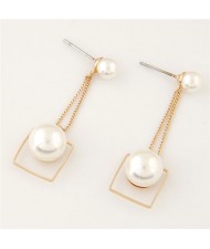 Pearl Inlaid Dangling Hollow Square Design Stud Earrings