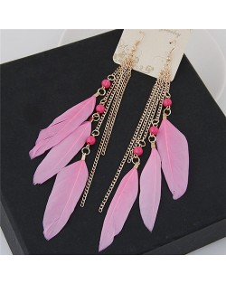 Bohemian Fashion Dangling Feather and Chain Tassel Design Earrings - Pink