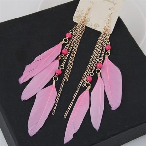Bohemian Fashion Dangling Feather and Chain Tassel Design Earrings - Pink