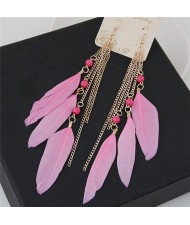 Bohemian Fashion Dangling Feather and Chain Tassel Design Earrings - Pink