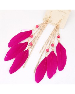 Bohemian Fashion Dangling Feather and Chain Tassel Design Earrings - Rose
