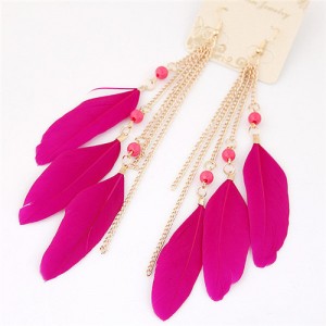 Bohemian Fashion Dangling Feather and Chain Tassel Design Earrings - Rose