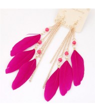 Bohemian Fashion Dangling Feather and Chain Tassel Design Earrings - Rose