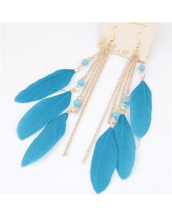 Bohemian Fashion Dangling Feather and Chain Tassel Design Earrings - Sky Blue
