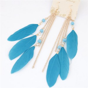 Bohemian Fashion Dangling Feather and Chain Tassel Design Earrings - Sky Blue