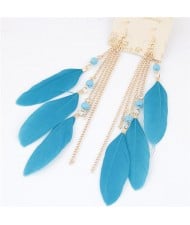 Bohemian Fashion Dangling Feather and Chain Tassel Design Earrings - Sky Blue