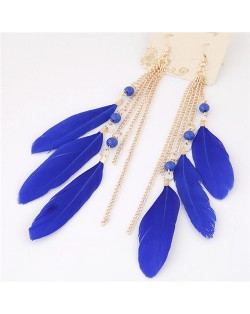 Bohemian Fashion Dangling Feather and Chain Tassel Design Earrings - Royal Blue