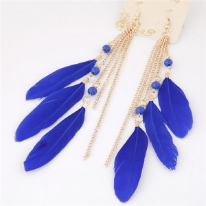 Bohemian Fashion Dangling Feather and Chain Tassel Design Earrings - Royal Blue