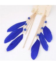 Bohemian Fashion Dangling Feather and Chain Tassel Design Earrings - Royal Blue