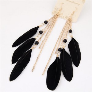 Bohemian Fashion Dangling Feather and Chain Tassel Design Earrings - Black