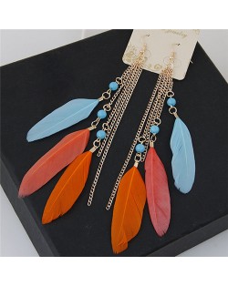 Bohemian Fashion Dangling Feather and Chain Tassel Design Earrings - Multicolor