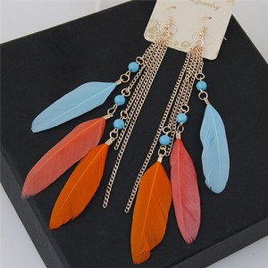 Bohemian Fashion Dangling Feather and Chain Tassel Design Earrings - Multicolor