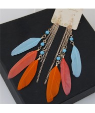 Bohemian Fashion Dangling Feather and Chain Tassel Design Earrings - Multicolor