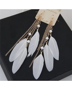 Bohemian Fashion Dangling Feather and Chain Tassel Design Earrings - White