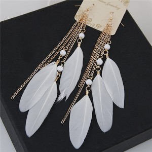 Bohemian Fashion Dangling Feather and Chain Tassel Design Earrings - White