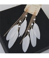 Bohemian Fashion Dangling Feather and Chain Tassel Design Earrings - White