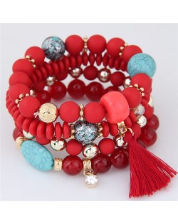 Assorted Beads with Tassel Design Four Layers Candy Color High Fashion Bracelets - Red