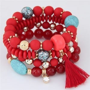 Assorted Beads with Tassel Design Four Layers Candy Color High Fashion Bracelets - Red