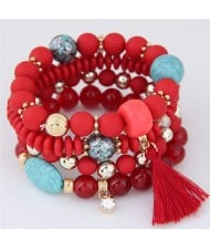 Assorted Beads with Tassel Design Four Layers Candy Color High Fashion Bracelets - Red
