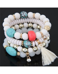 Assorted Beads with Tassel Design Four Layers Candy Color High Fashion Bracelets - White