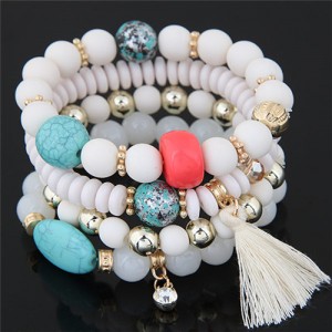 Assorted Beads with Tassel Design Four Layers Candy Color High Fashion Bracelets - White