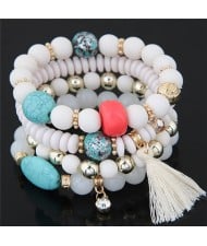 Assorted Beads with Tassel Design Four Layers Candy Color High Fashion Bracelets - White