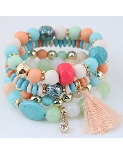 Assorted Beads with Tassel Design Four Layers Candy Color High Fashion Bracelets - Teal