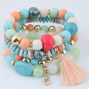 Assorted Beads with Tassel Design Four Layers Candy Color High Fashion Bracelets - Teal