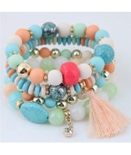 Assorted Beads with Tassel Design Four Layers Candy Color High Fashion Bracelets - Teal