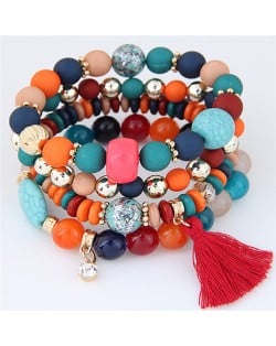 Assorted Beads with Tassel Design Four Layers Candy Color High Fashion Bracelets - Multicolor