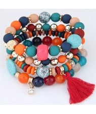 Assorted Beads with Tassel Design Four Layers Candy Color High Fashion Bracelets - Multicolor