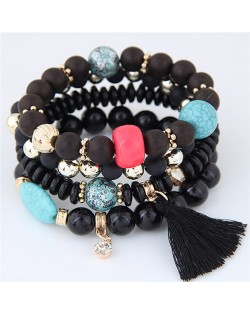 Assorted Beads with Tassel Design Four Layers Candy Color High Fashion Bracelets - Black