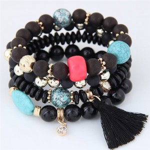 Assorted Beads with Tassel Design Four Layers Candy Color High Fashion Bracelets - Black