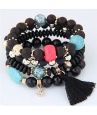 Assorted Beads with Tassel Design Four Layers Candy Color High Fashion Bracelets - Black
