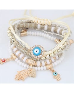 Palm and Heart Pendants Multi-layer Beads and Weaving Rope Fashion Bracelets - White