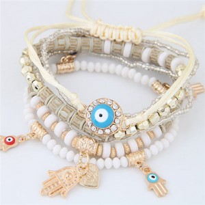 Palm and Heart Pendants Multi-layer Beads and Weaving Rope Fashion Bracelets - White