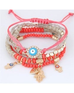 Palm and Heart Pendants Multi-layer Beads and Weaving Rope Fashion Bracelets - Red