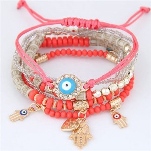 Palm and Heart Pendants Multi-layer Beads and Weaving Rope Fashion Bracelets - Red