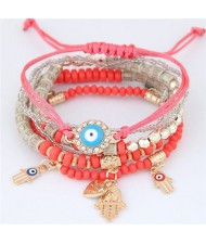 Palm and Heart Pendants Multi-layer Beads and Weaving Rope Fashion Bracelets - Red