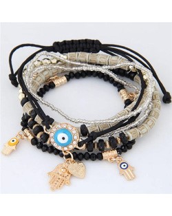 Palm and Heart Pendants Multi-layer Beads and Weaving Rope Fashion Bracelets - Black