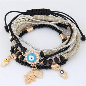 Palm and Heart Pendants Multi-layer Beads and Weaving Rope Fashion Bracelets - Black