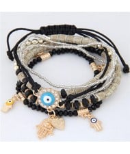 Palm and Heart Pendants Multi-layer Beads and Weaving Rope Fashion Bracelets - Black