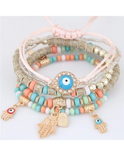 Palm and Heart Pendants Multi-layer Beads and Weaving Rope Fashion Bracelets - Pink