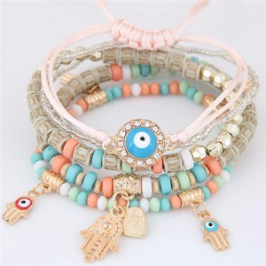 Palm and Heart Pendants Multi-layer Beads and Weaving Rope Fashion Bracelets - Pink