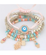 Palm and Heart Pendants Multi-layer Beads and Weaving Rope Fashion Bracelets - Pink