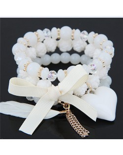 Peach Heart Bowknot and Feather Pendants Three Layers Beads Combo Fashion Bracelets - White