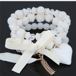 Peach Heart Bowknot and Feather Pendants Three Layers Beads Combo Fashion Bracelets - White