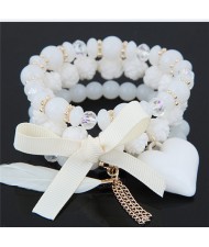 Peach Heart Bowknot and Feather Pendants Three Layers Beads Combo Fashion Bracelets - White